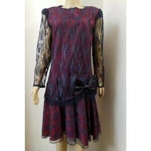 GILBERTI ~ Victorian Style RARE Women's Vintage LACE DRESS NAVY/MAROON Size 18